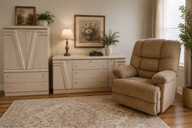 3-Piece Like NEW Vintage Vintage Off-White & Gold Bedroom Armoire Dresser Set & RECLINER