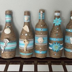 NEW Decorative Bottles With Jute Shells And Bling, All Handmade