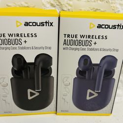 acoustix. TRUE WIRELESS AUDIOBUDS + with Charging Case, Stabilizers & Security Strap set of 2 new
