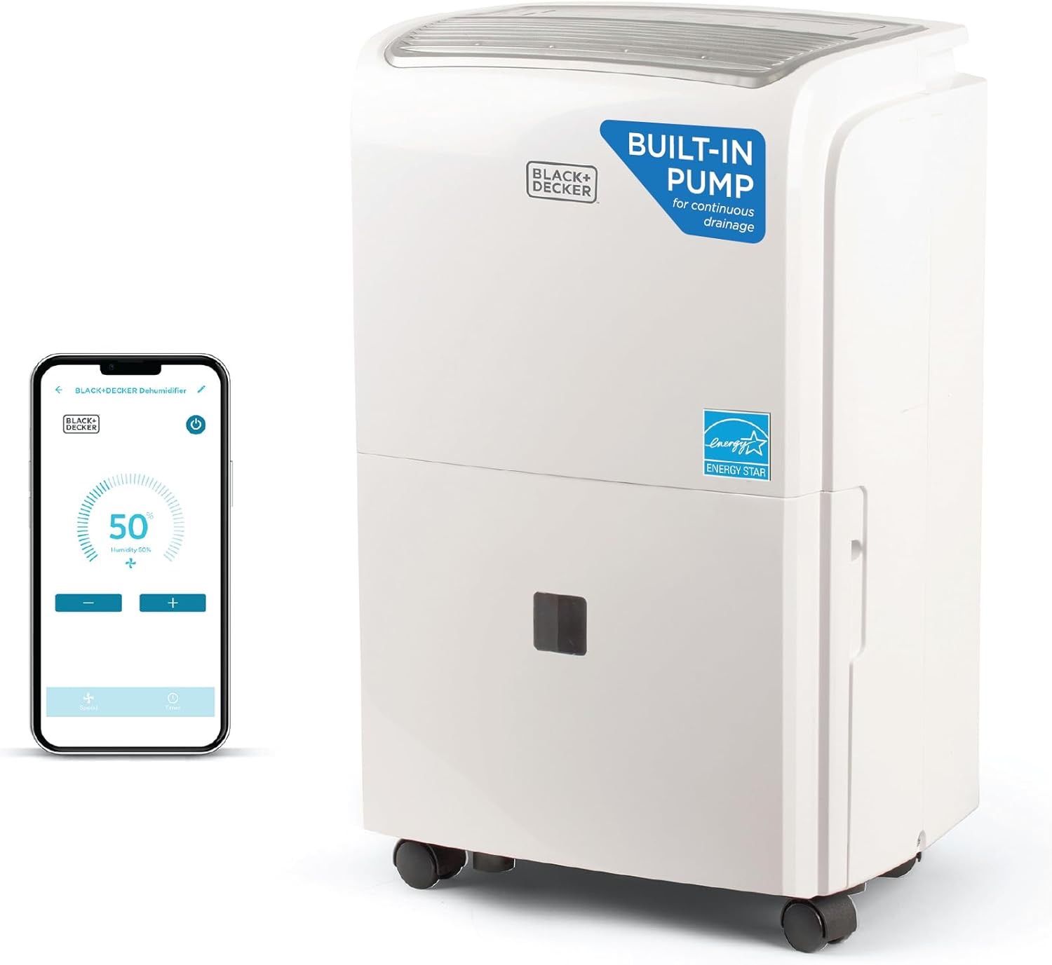 BLACK+DECKER 50 Pint Portable Dehumidifier with Built-in Pump and Drain Hose, Dehumidifier up to 4500 Sq. Ft. with Wifi, Energy Star Smart