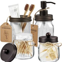 Mason Jar Bathroom Accessories Set 4 Pcs -Lotion Soap Dispenser & 2 Qtip Hold...