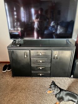 Black Wood Dresser with Drawers and Cabinets