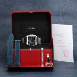 (’23) Cartier Santos 47.5 Blue Dial Stainless Steel Bracelet WSSA0030 Box and Papers
