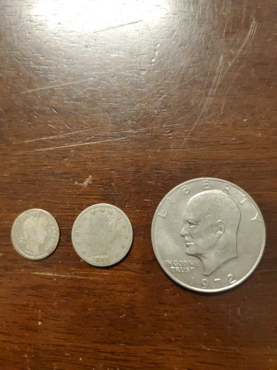 3 Coin Set, 1972 Ike Dollar, 1899 Liberty Nickel And 1898 Barber Dime
