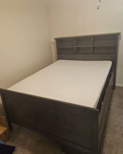 Grey Captain Bed Full W/Drawers and bookcase headboard