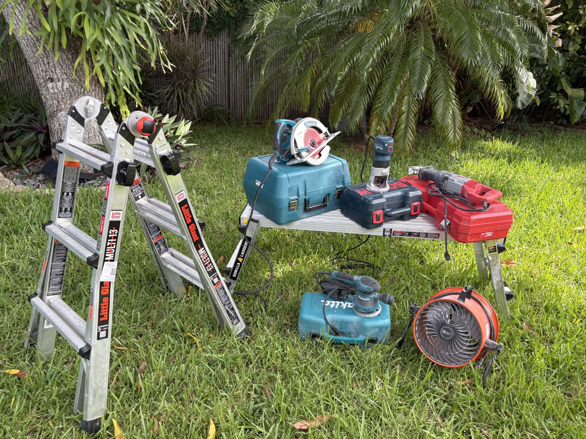 Set of Power Tools with Cases and Ladder