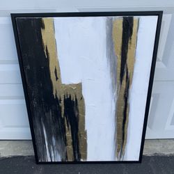 Textured Abstract Wall Art Black White And Gold Painting with Black frame - Excellent Condition!