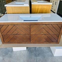 48” Floating Bathroom Vanity in Brown , single sink soft close solid wood with vanity top in white  $499 