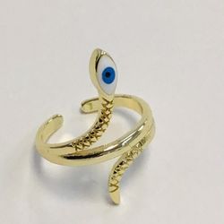 14k gold plated snake with turkish eye adjustable ring