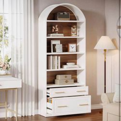 Tribesigns 76.8" Tall Arched 5-Tier Bookcase with File Cabinet Drawer Modern Freestanding Wooden Bookshelves, Large Open Display Storage, For Home Off