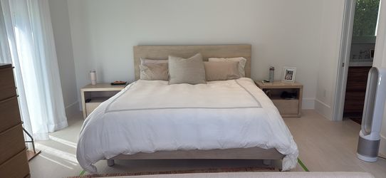 King Size RH Bed frame and matching nightstands in Natural white washed wood.