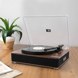 Record Player with Stereo Speakers, 3-Speed Belt-Drive Turntable for Vinyl Records with Wireless Playback and Auto-Stop,Walnut Wood
