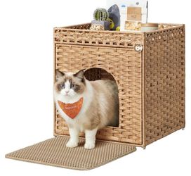 Cat Litter Box Enclosure, Handwoven Rattan Hidden Litter Box Furniture with Extra Mat, Removable Washable Tray, Boho Cat House, End Table, Goose Yello