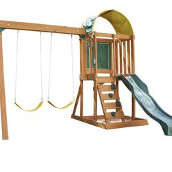 Wooden Outdoor Swing Set with Slide and Rock Wall