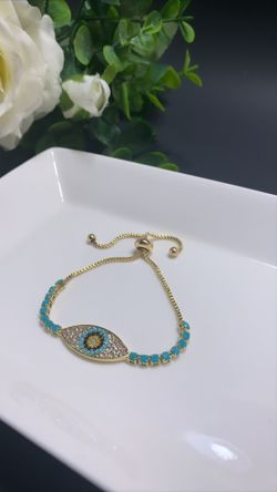 *NO FADE* Adjustable Sterling Silver Plated CZ Zircon Evil Eyes Charm Bracelet