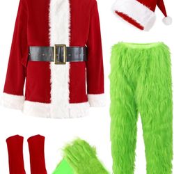 Christmas Costume for Men Green Furry Monster 8PCS Deluxe Adult Santa Suit Xmas Outfit Set Halloween Holiday