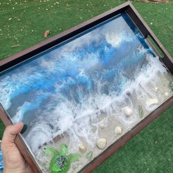 Wood Tray With Handmade Ocean Design 🌊
