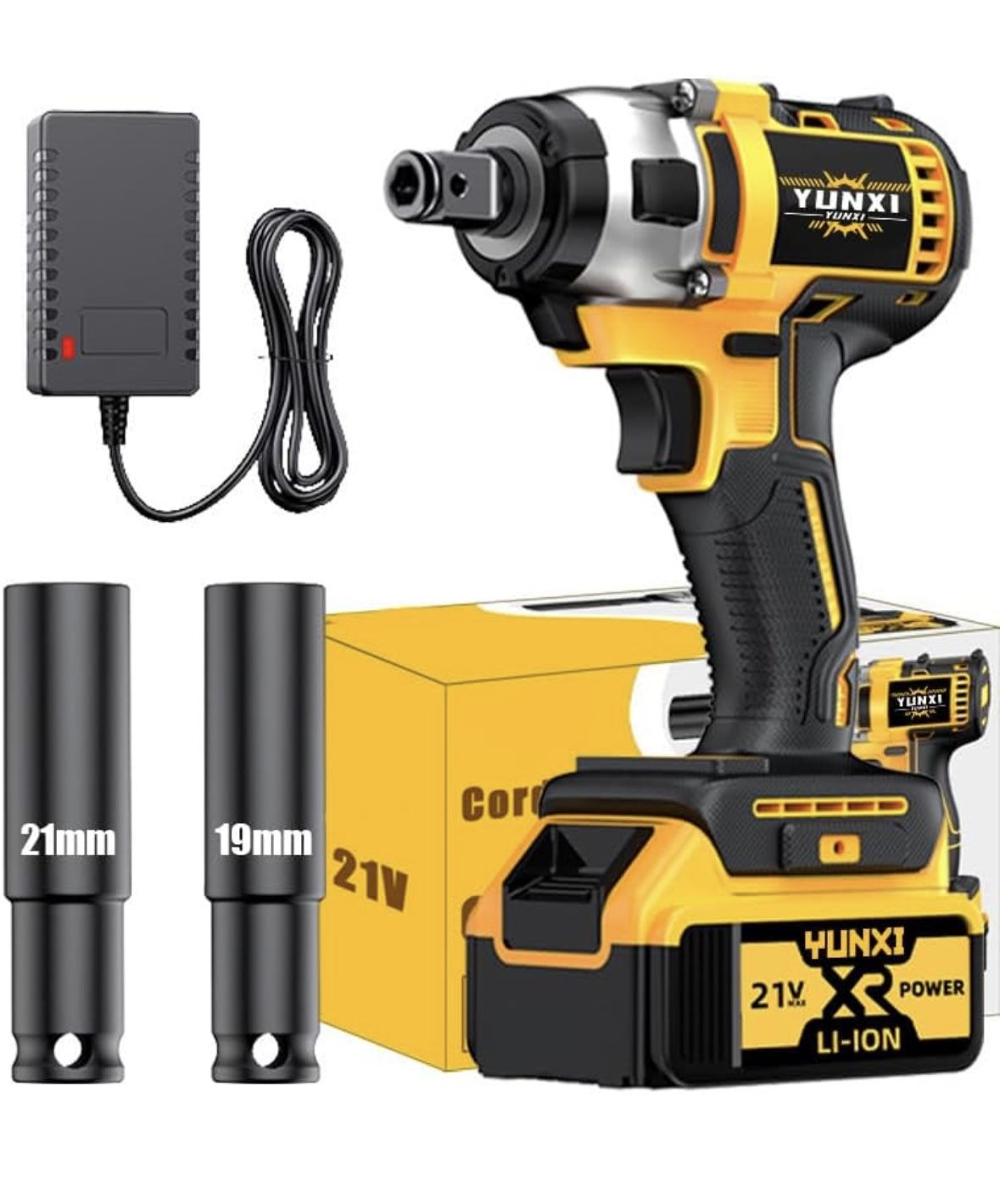 21V Cordless Impact Wrench and Drill Set with Battery and Quick Charger | Suitable for Car Repair, DIY, and Father's Day Gifts (1 battery + 2 sockets)