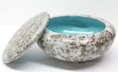 Handmade Eclectic Splatter Ceramic footed Vessel With Lid