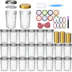 8oz Mason Jars, Canning Jars,Jam Jars forJelly,Honey, Wedding Favors, Food Storage,Kitchen & DIY Gifts, with Lables,Sponge Brush,Pen and Red Hemo Rope