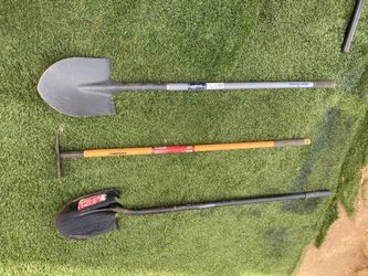 2 shovels and 1 Wood Handle 2-Prong Hoe