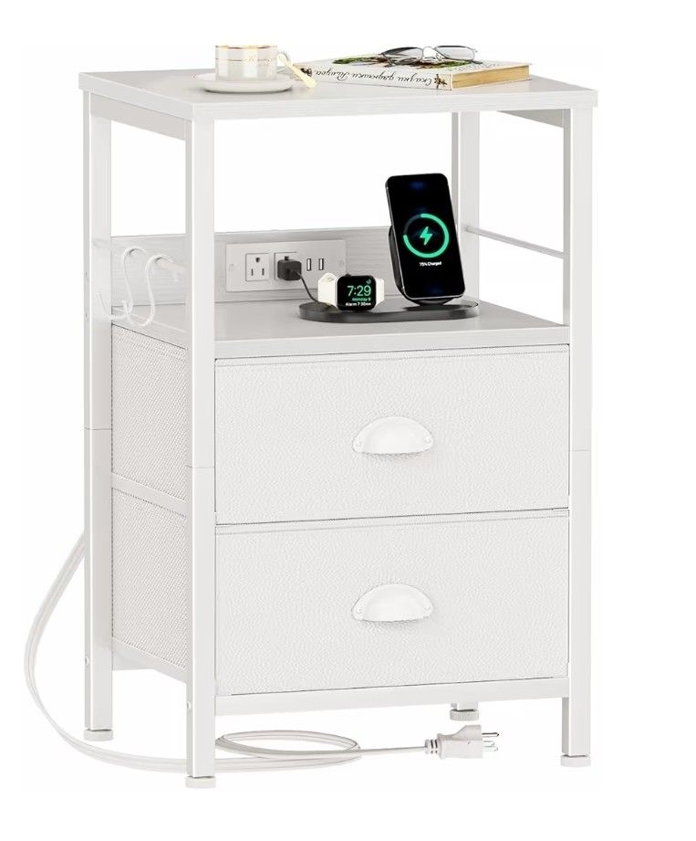 Furologee End Table with Charging Station, Nightstand with Fabric Drawers, Side Tables with USB Ports & Outlets, Night Stand with Storage Shelf & Hook