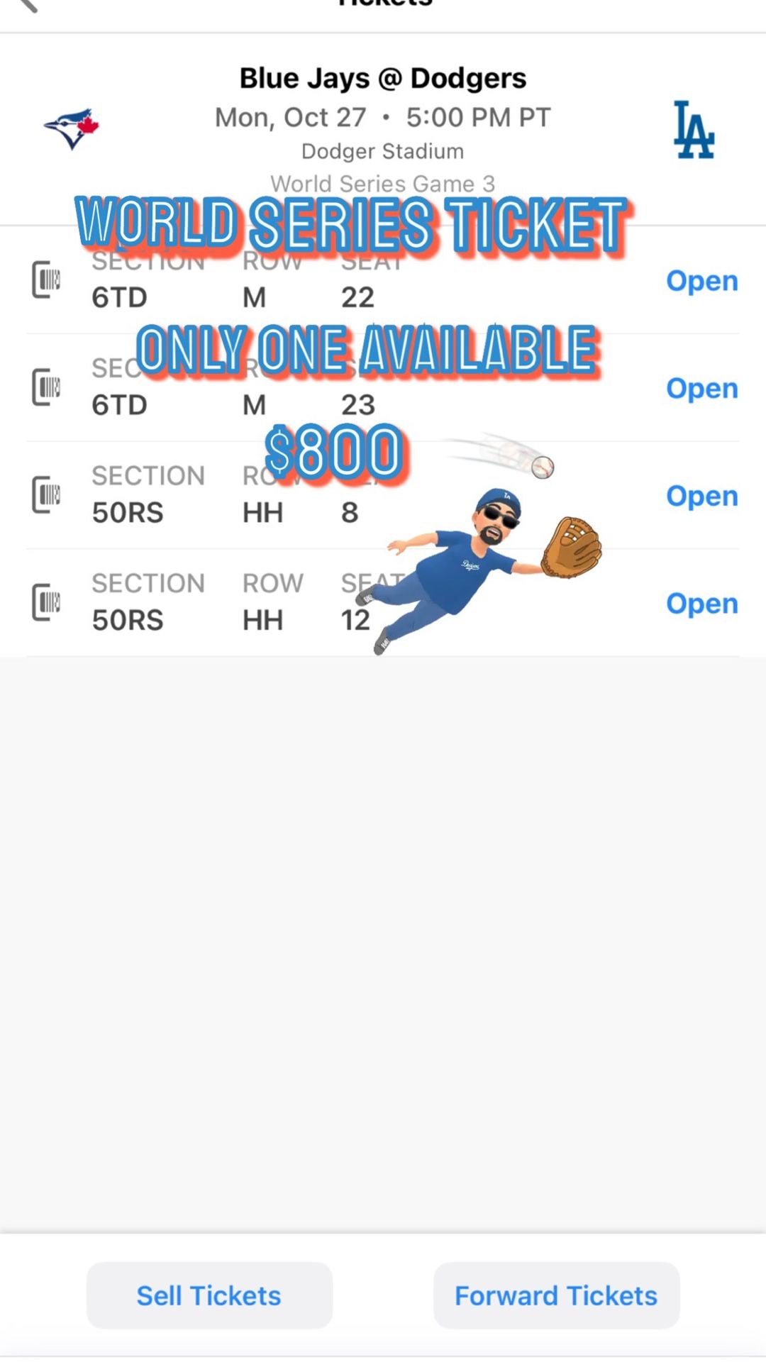 Dodgers Word Series Ticket Monday Game 3