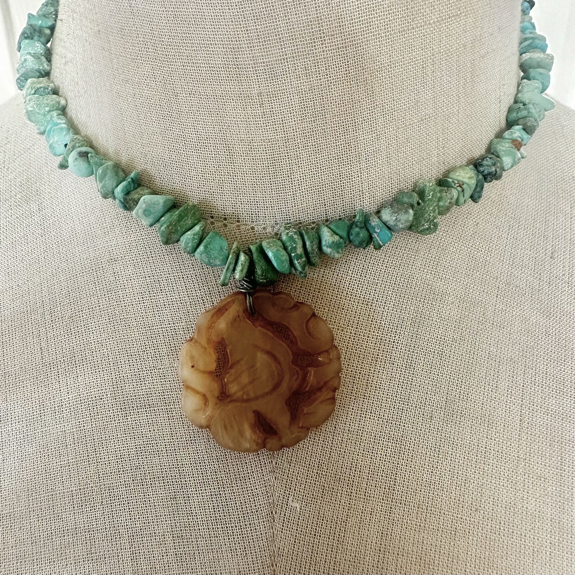 Vintage Turquoise Chip Necklace with Carved Stone Pendant