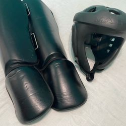 Martial Arts Sparring Gear Bundle - Macho Headgear OSFM + Revgear Shin Guards XL