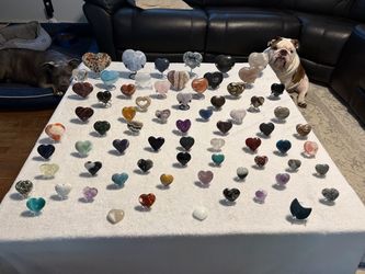 Massive Carved Crystal Heart Collection (60+ Pieces + Display Stands Included)