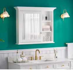 GRACE Solid Wood 36-in x 30-in Surface Mount White Mirrored Rectangle Soft Close Medicine Ca...