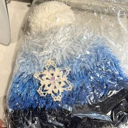 LOT of 9 Handmade Knit Winter Hats - Unique - Most With Doily Snowflake and Gems - Pom Tops  Fun Colors - Well Made - Thick Yarn - Adult Sized - Entir