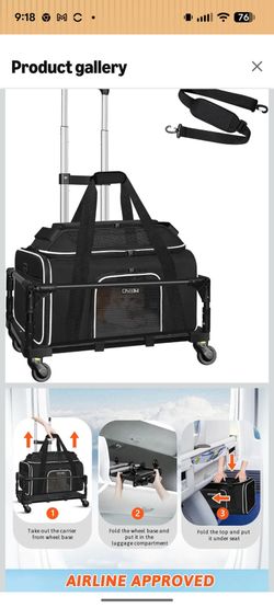 Top-Expandable Small Pet Carrier with Wheels (17" L x 11" W x 9.5" H), Airlines Approved, Rolling Pet Carrier for Small Dogs & Cats (Black)

New in Bo