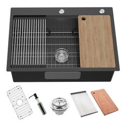 Black Kitchen Sink Workstation, 33x22 Inch Stainless Steel Drop In Kitchen Sink Modern Large Single Bowl Kitchen Sink Gift Combo-SS Grid,Drying Rack,C