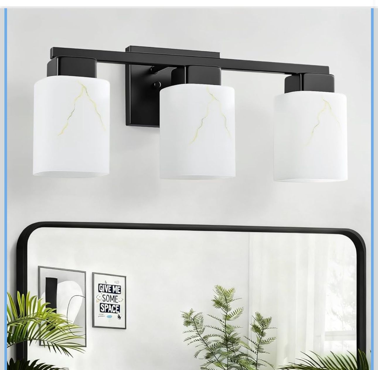 New-3-Light Square Bathroom Light Fixture, Black Modern Vanity Light with White Marble Glass Shade, for Bathroom Mirror, Living Room, Bedroom, Hallway