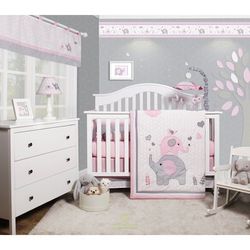 Optima Baby Pink Grey Elephant 6 Piece Crib Bedding
