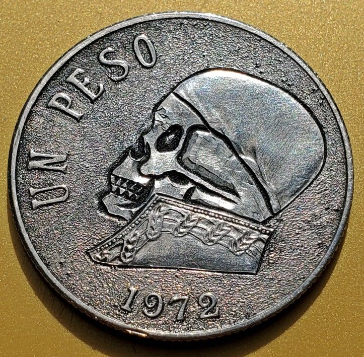 1972 Un Peso Hobo Skull Coin Hand Carved