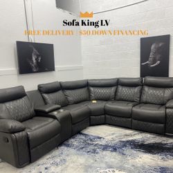 Free Delivery* Like New Gray Faux Leather Sectional Sofa with Recliners! Couch Couches Sectional Gray Grey Faux Leather Recliners Reclining