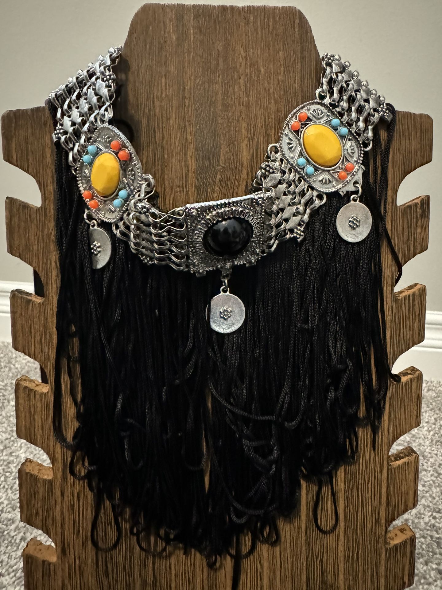 Native American Inspired Choker Necklace With Black Fringe