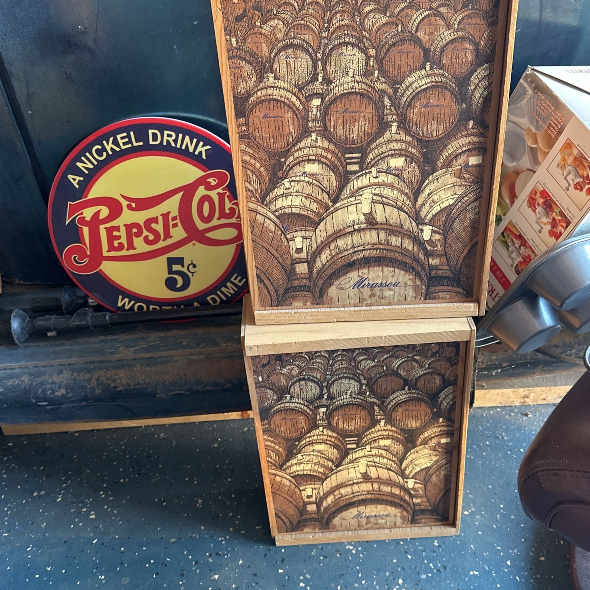 Pepsi Sign, Wine Boxes And Wicker Basket 