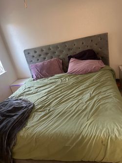 King Grey Tufted Velvet Bed Frame and foam mattress
