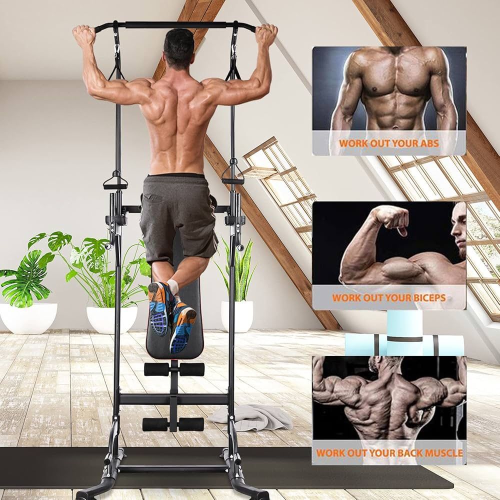 Power Tower with Bench, Pull Up Bar Dip Station, Power Tower Dip Station, Training Workout Equipment, Height Adjustable Pull Up Tower w/Folding Bench 