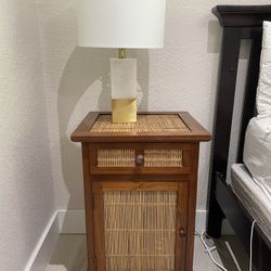 Bamboo +Wood Bedside Table With Cabinet and Drawer