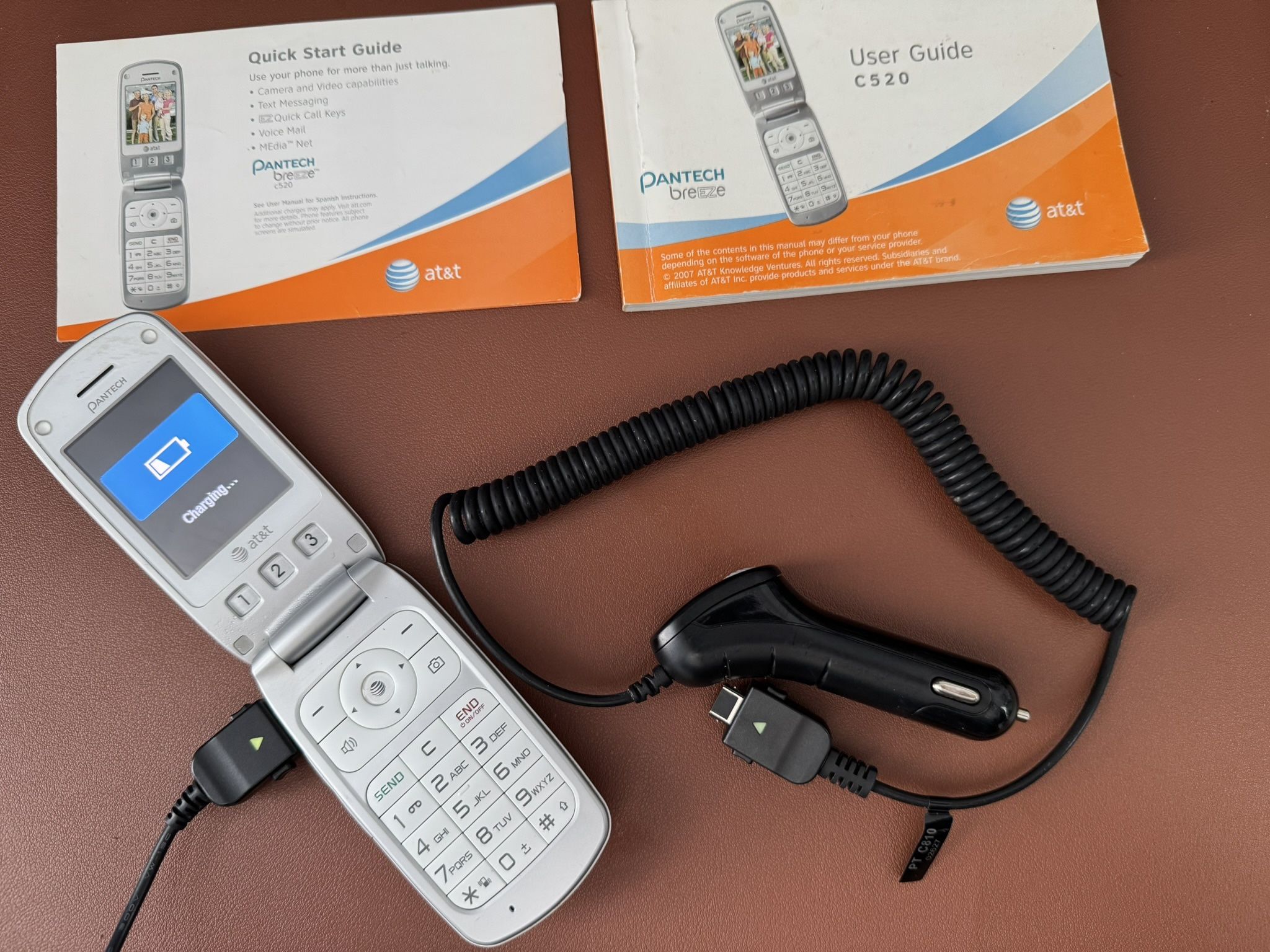 Vintage AT&T Pantech Breeze C520 Cellular Flip Phone White w/ Charger, Car Adapter, SIM card, Guides