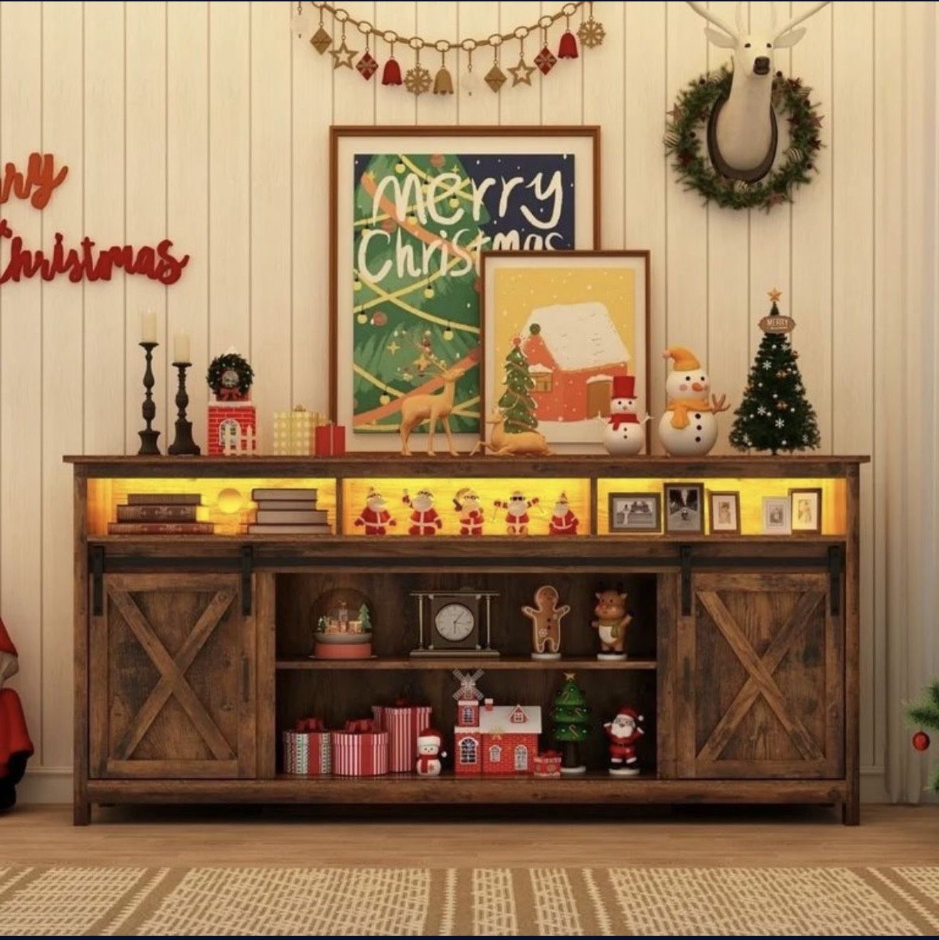 Farmhouse TV Stan d for 80 inch TVs, Rustic Entertainment Center T V Cabi net Stan ds with Power Outlets and LED lights