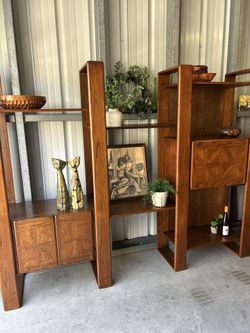 1970s Lou Hodges Oak Freestanding Wall Unit 3 Bay Shelving System