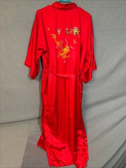 Vintage Red Satin Kimono Robe with Dragon Embroidery
