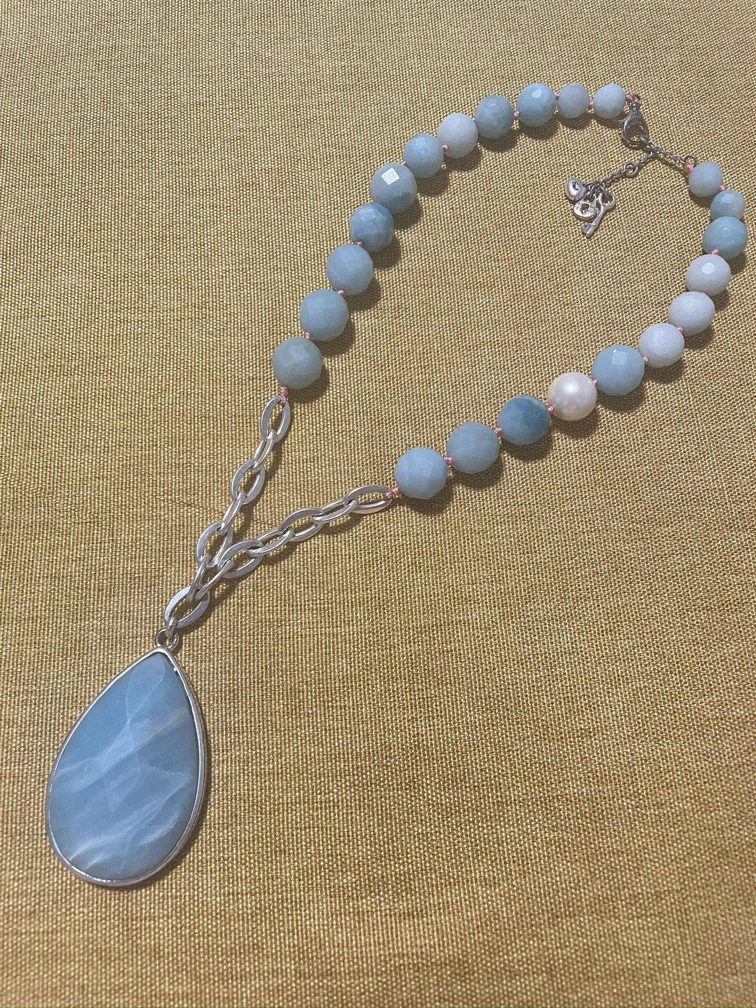 Fossil Vintage Blue Gemstone Pendant Necklace with Silver Chain and Key Charm
