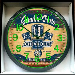 Genuine Chevy Parts Chevrolet Retro Inspired Glow In The Dark Wall Clock New!