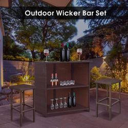 Patio Wicker Bar Set With 2 Stools